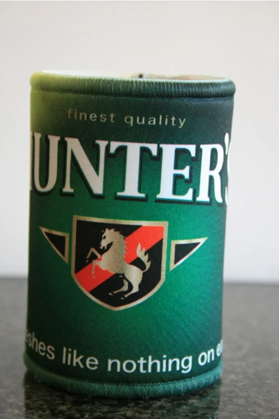 Close-up of a custom printed can cooler sleeve